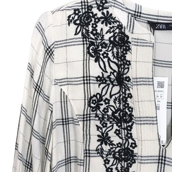 NWT Zara Off White Check Plaid Embroidered Dress Long Sleeve High Neck Pockets M - Picture 11 of 16